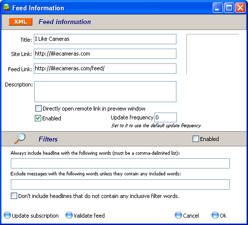 Свойства новостного канала RssFeedEater