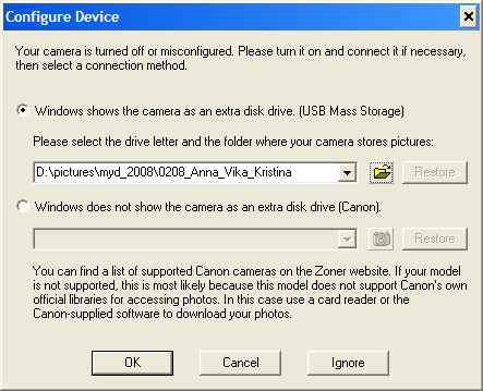 Выбор устройства или папки при импорте изображений в Zoner Photo Studio