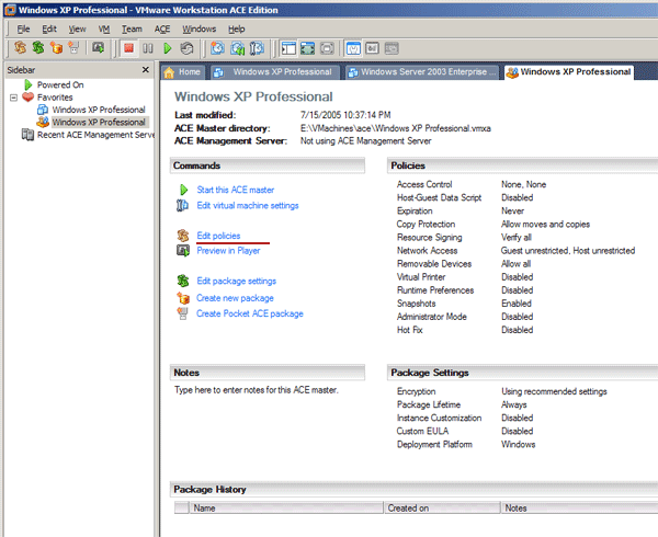 Главное окно VMware ACE