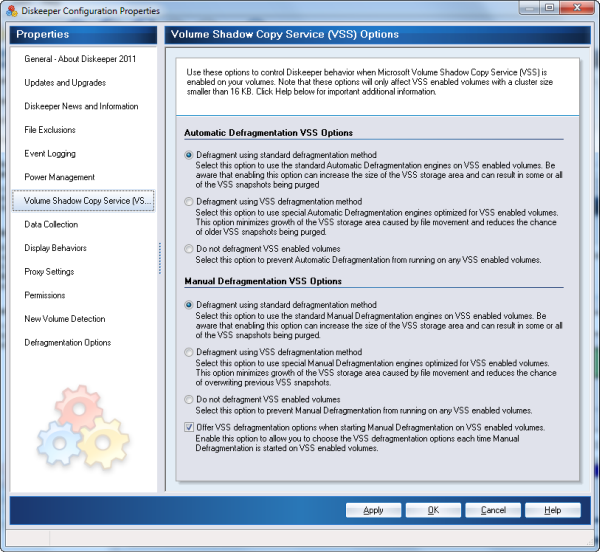 Разделы, на которых используется VSS, можно обслуживать в обычном режиме или в специальном, призванном сократить количество необязательных снимков