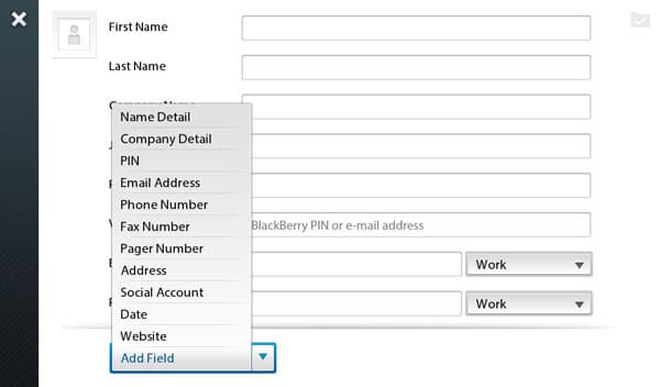 Добавление контакта на планшет RIM BlackBerry PlayBook