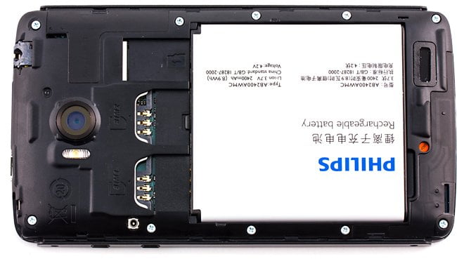 Аккумуляторный отсек Обзор Philips W732. Аккумуляторный отсек