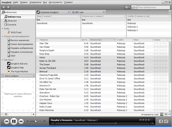 Рабочее окно Songbird