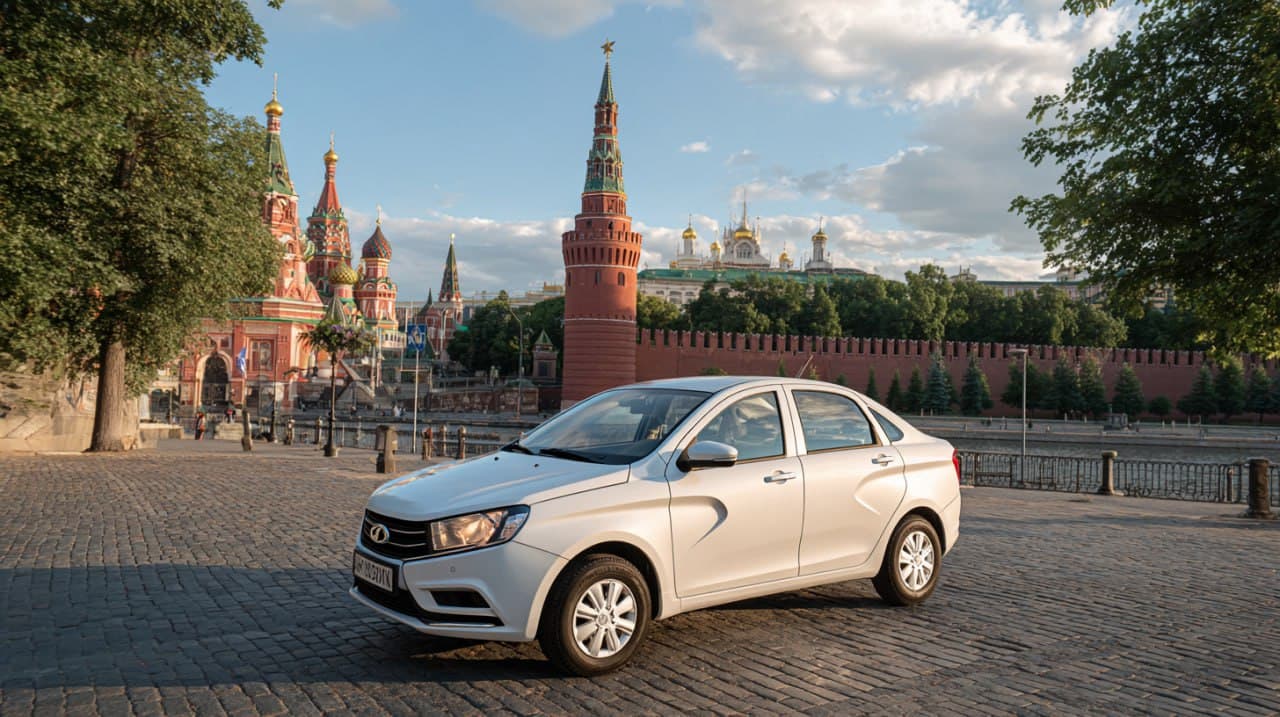 Lada Vesta на парковке на фоне Кремля