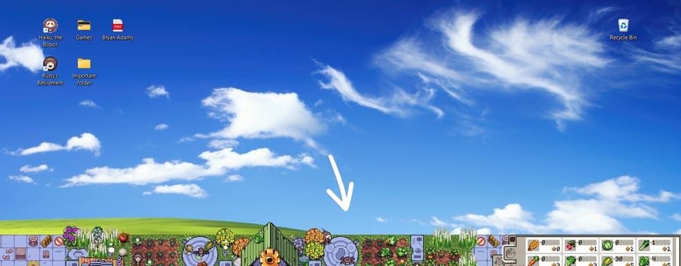 Симулятор фермы Rusty's Retirement находится внизу экрана, пока игрок обманывает себя, что занимается работой