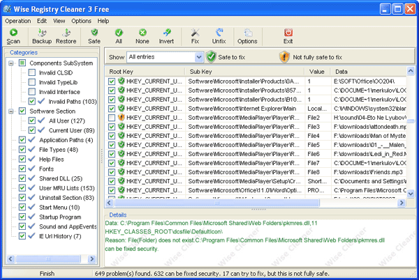 Рабочее окно Wise Registry Cleaner