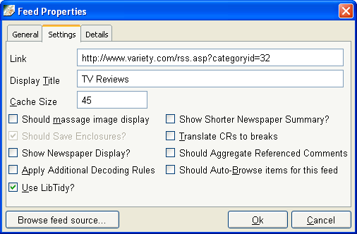 Свойства новостной ленты в BottomFeeder