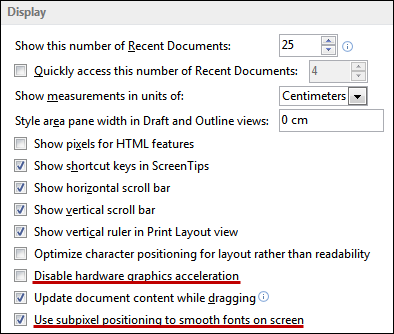 Две настройки, которые отвечают в Office 2013 Consumer Preview за рендеринг документов