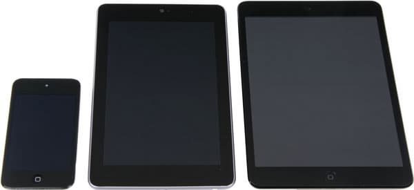 Фронтальная сторона iPad mini, Google Nexus 7 и iPod touch