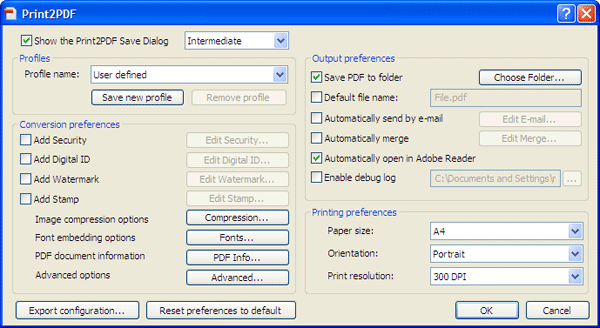 Настройки Print2PDF
