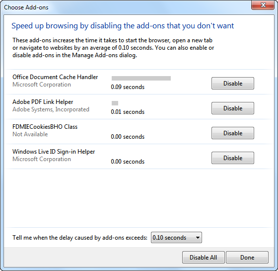 Internet Explorer 9 контролирует скорость загрузки плагинов и позволяет оперативно отключать тугодумов. К сожалению, вызвать это диалоговое окно напрямую невозможно, только через обновленные системные оповещения