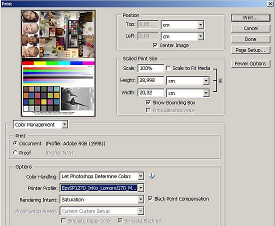 Photoshop, печать с профилем