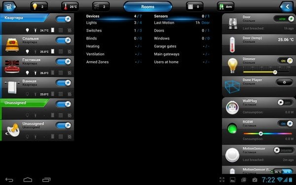 Интерфейс управления Fibaro Home Center Lite на планшете с Android