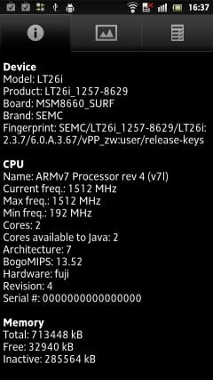 Sony Xperia S — системные данные