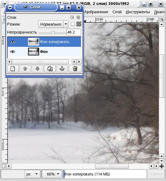 GIMP. Полупрозрачный размытый слой создает эффект мягкого фокуса.