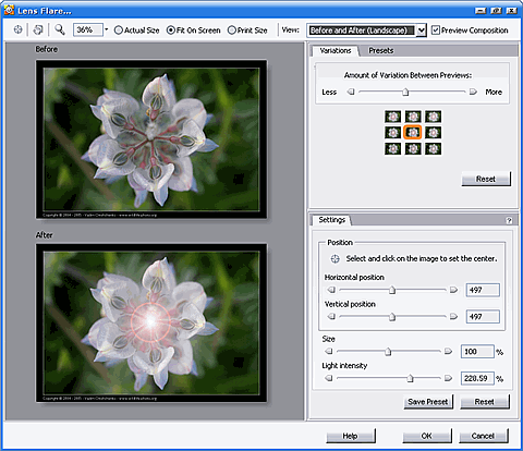 Окно вариантов - Lens Flare