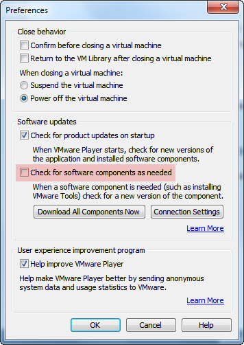 Снимите пометку, чтобы избежать напоминаний о Vmware Tools