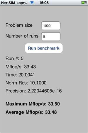 Результаты теста Linpack на iPhone 4