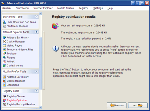 Оптимизация реестра в Advanced Uninstaller PRO 2006