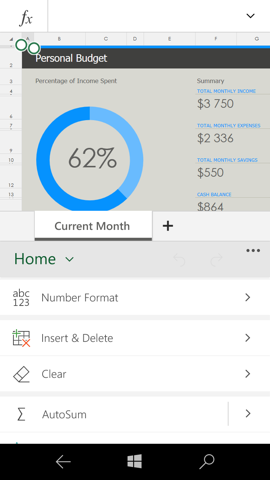 Предварительный обзор Windows 10 Mobile. Скриншоты. Excel