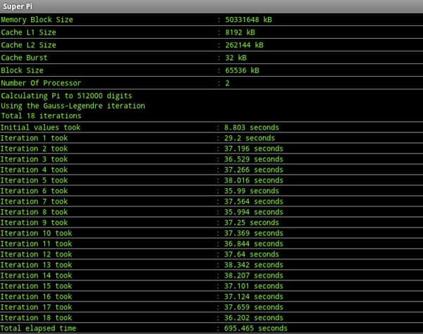 Результаты тестирования Samsung Galaxy Tab 8.9 LTE в Super Pi