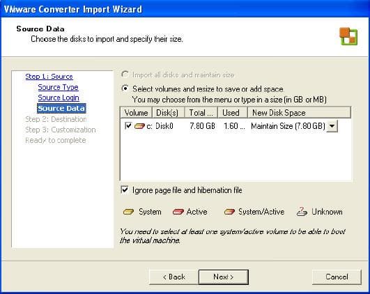 Выбор дисков виртуальной машины для экспорта