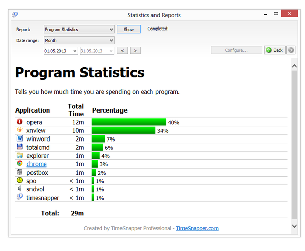 Просмотр статистики в TimeSnapper