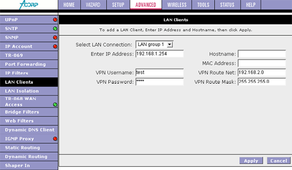 Клиенты VPN сервера в модеме ACORP Sprinter@ADSL