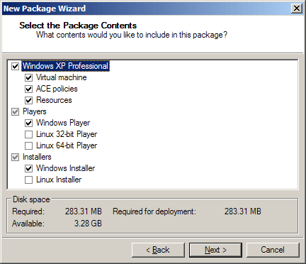 Выбор компонентов для пакета с виртуальным окружением