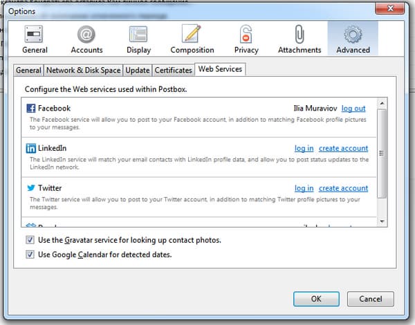 Секция настроек Web Services