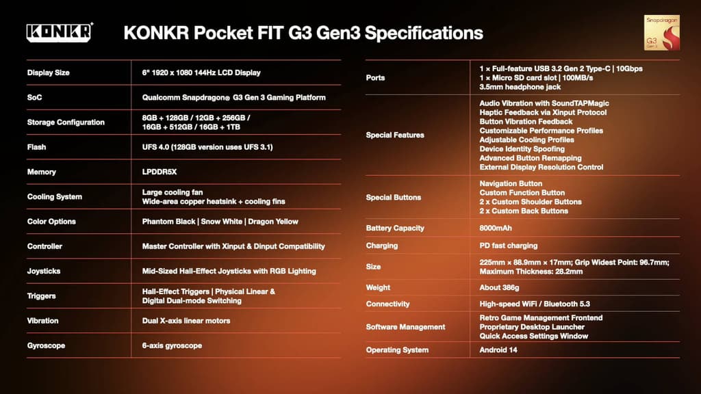 Specifications of Pocket Fit with Snapdragon G3 Gen 3 chip