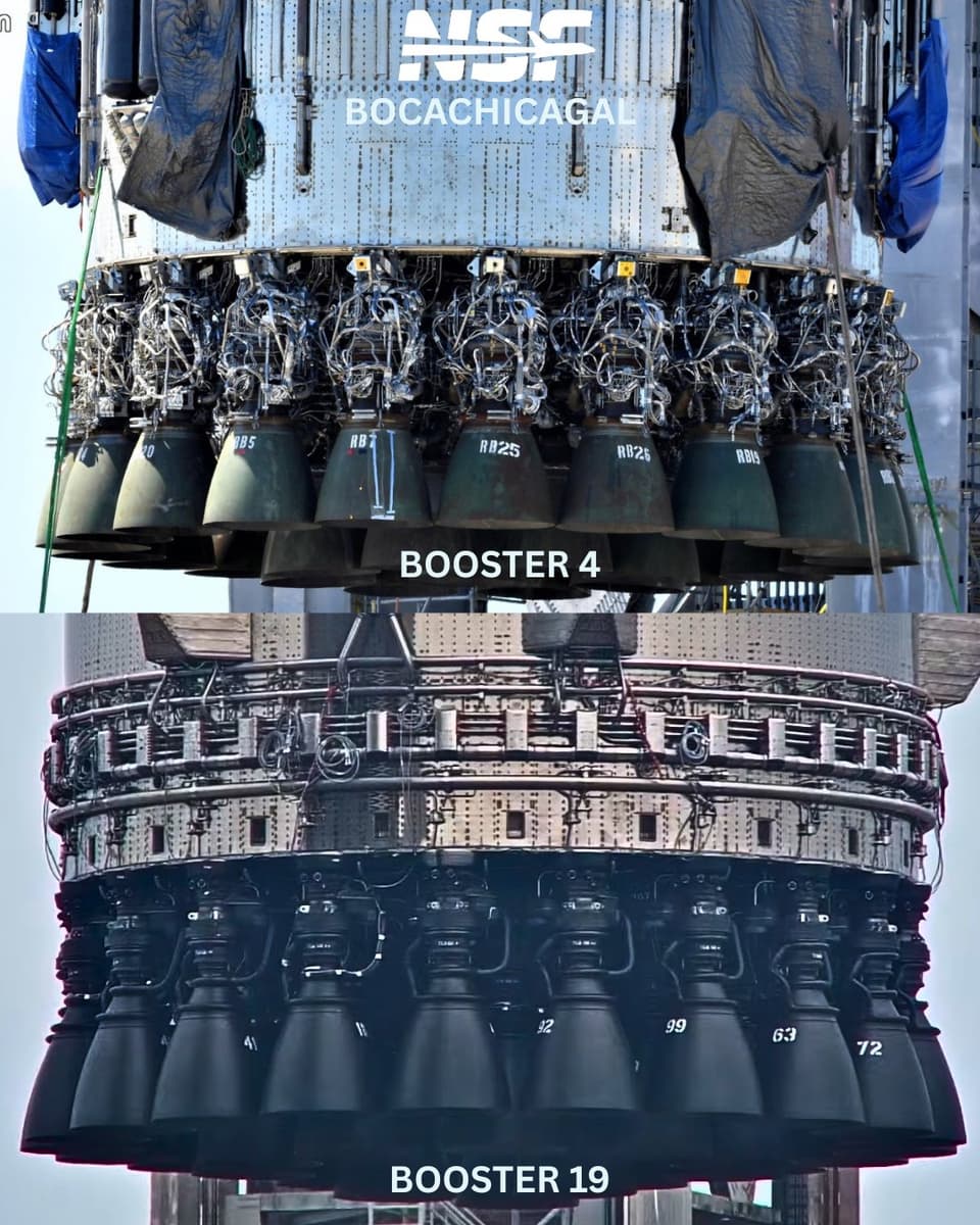 Эволюция Starship, наглядно: появилось свежее фото новейшего ускорителя Super Heavy с двигателями Raptor 3