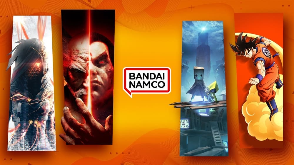 Логотипы Bandai Namco, Sony и Nintendo на фоне игровых персонажей.