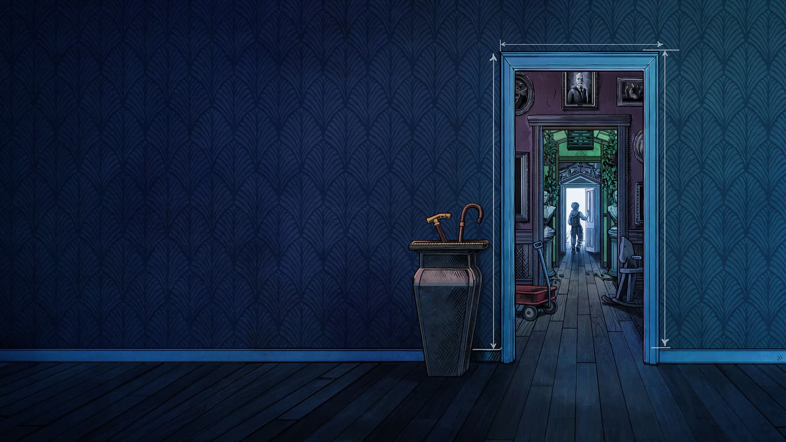 Игровой скриншот Blue Prince с изображением загадочного особняка