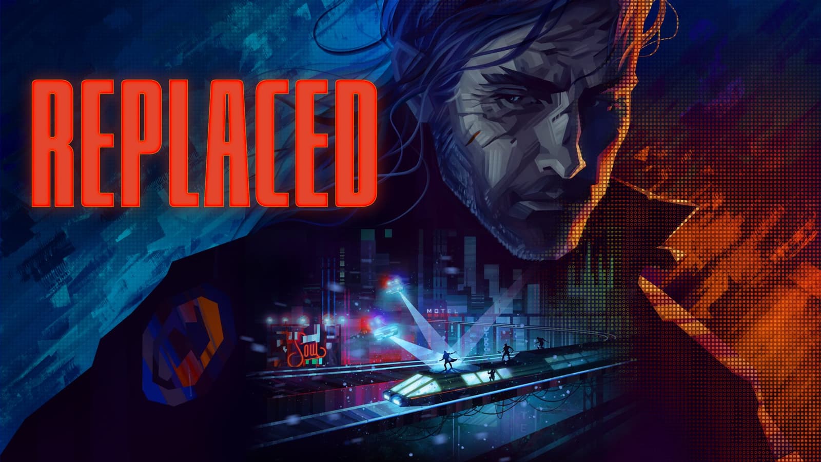 Скриншот из игры Replaced, демонстрирующий киберпанк-атмосферу и персонажа