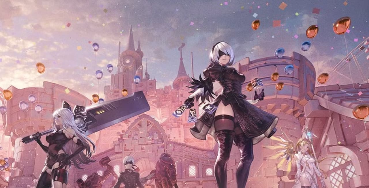 Overwatch heroes in NieR:Automata inspired skins, featuring Kiriko as 2B