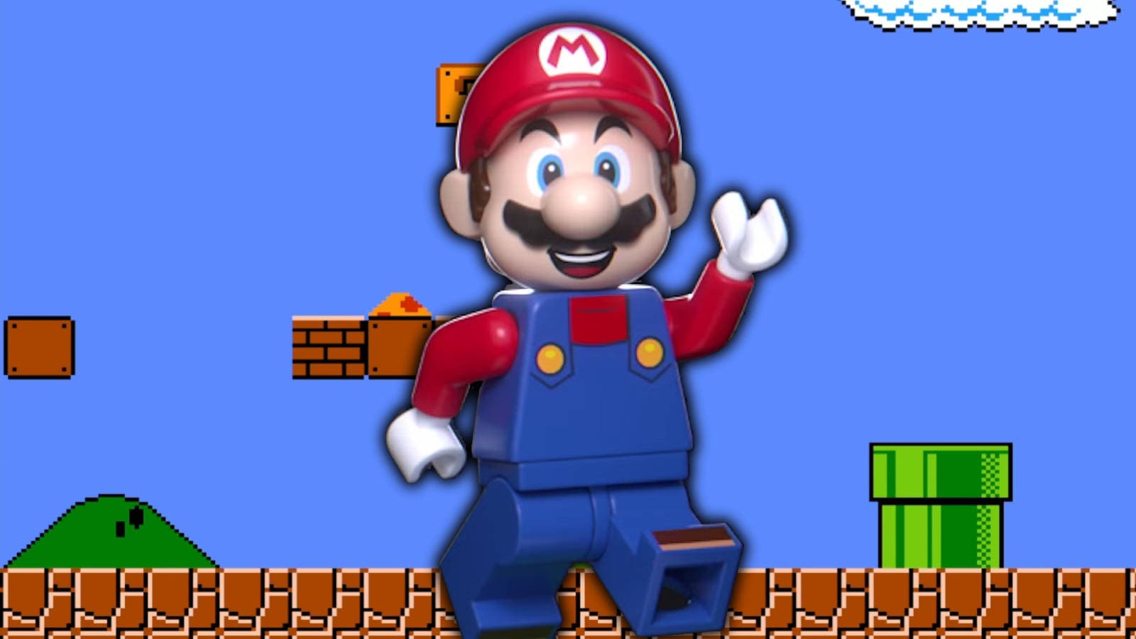 LEGO Mario minifigure jumping from a green pipe