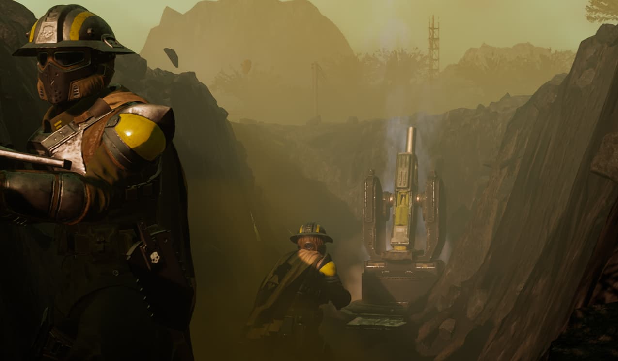 Helldivers 2 gameplay screenshot showing a character with a large weapon in action