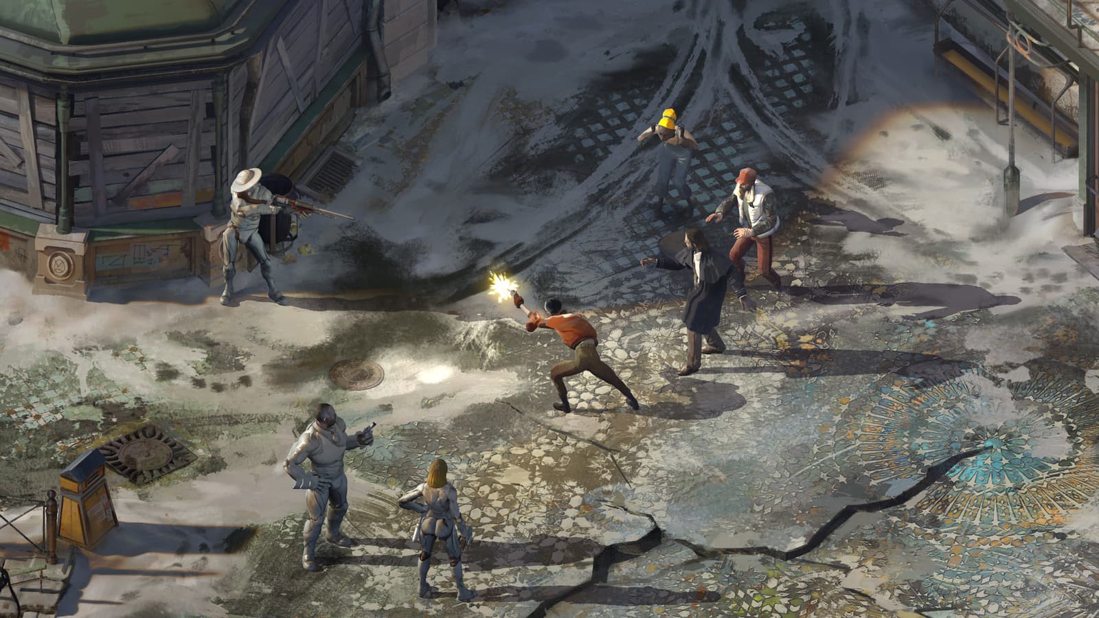Disco Elysium game screenshot featuring characters in a detailed urban environment.