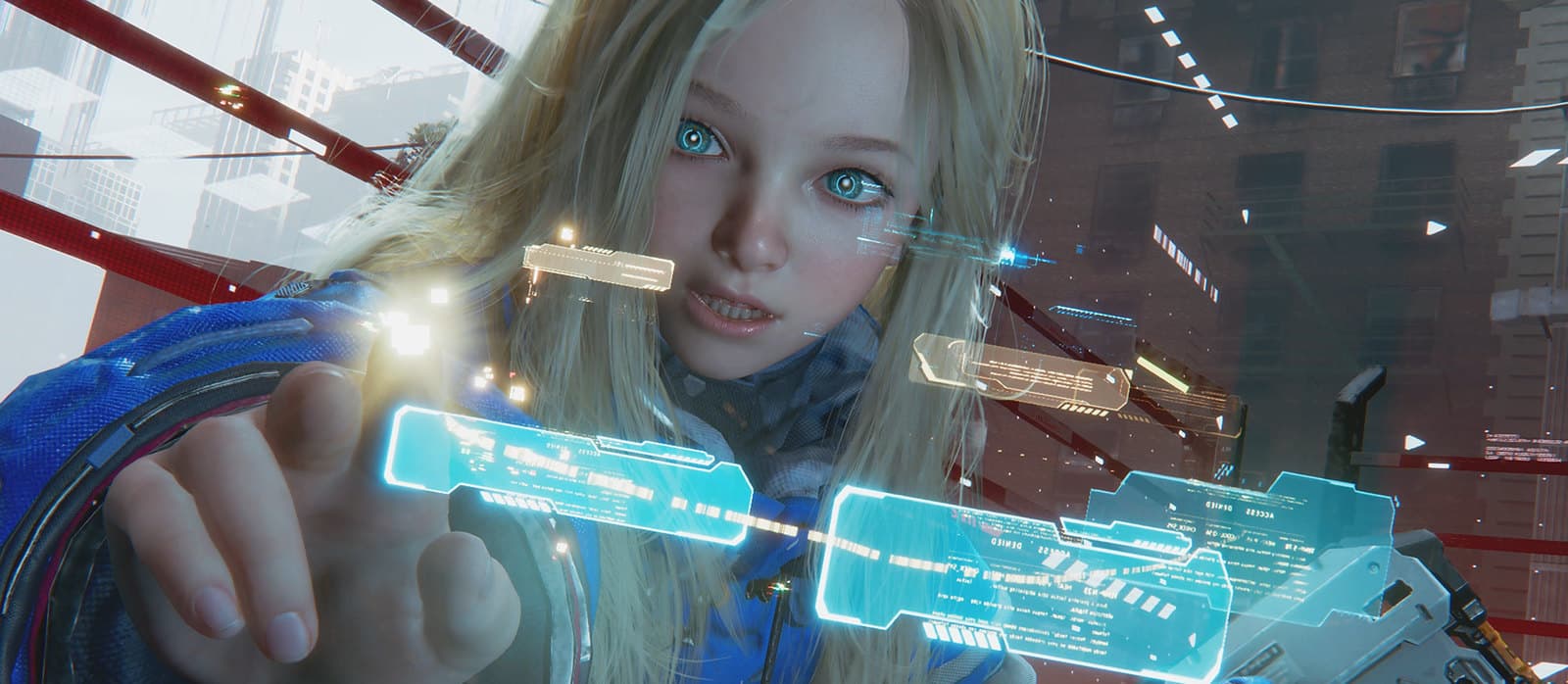 Игровой скриншот Pragmata, демонстрирующий футуристический городской пейзаж.