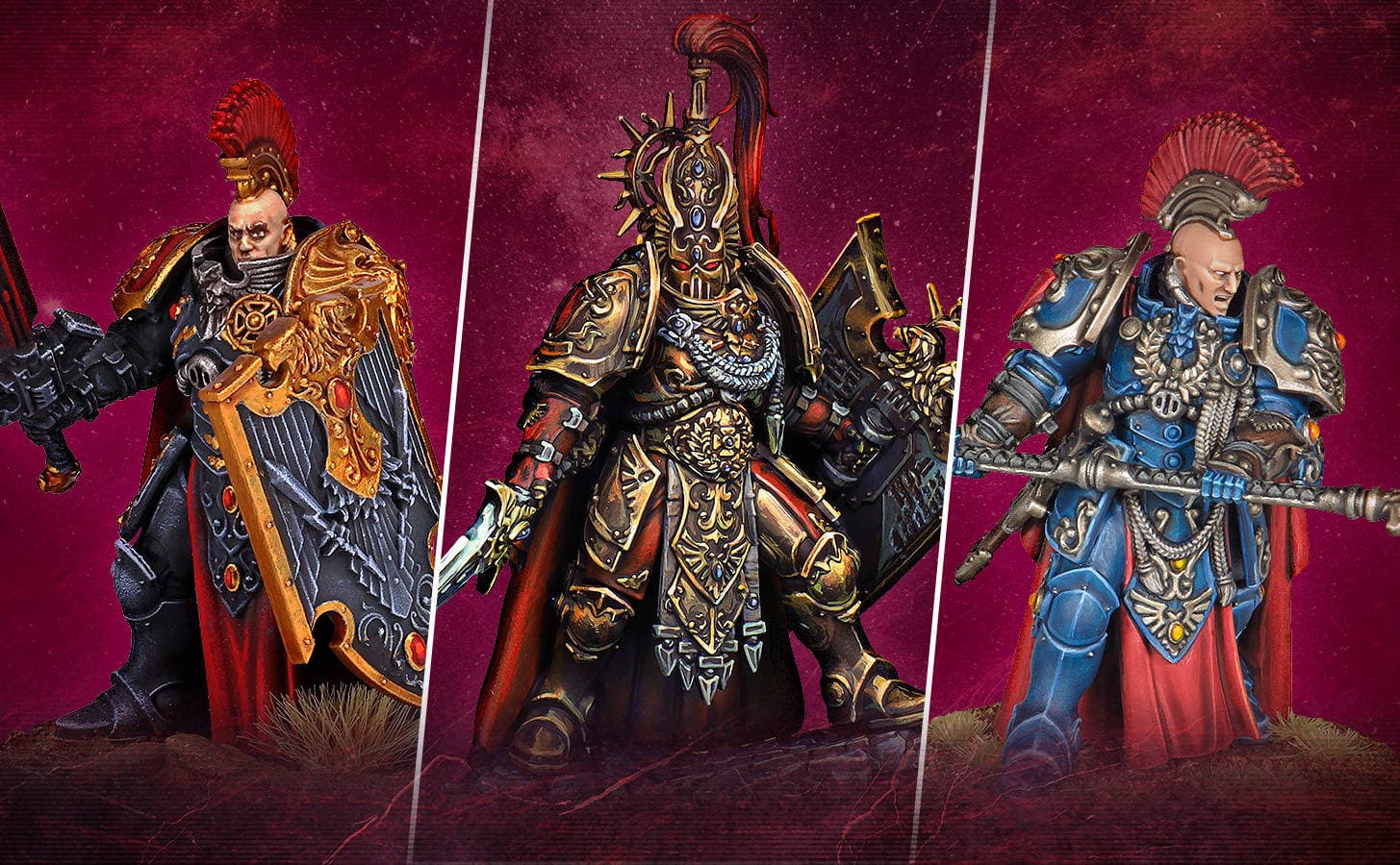 A collection of painted Legio Custodes miniatures from Warhammer: The Horus Heresy