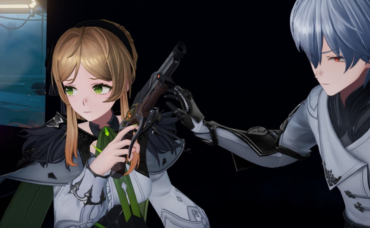 Screenshot from Duet Night Abyss game, featuring characters in a dark fantasy setting.