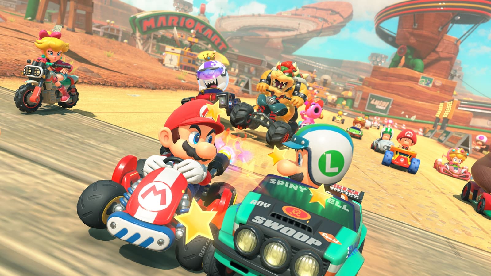 Mario Kart Tour characters racing on a track