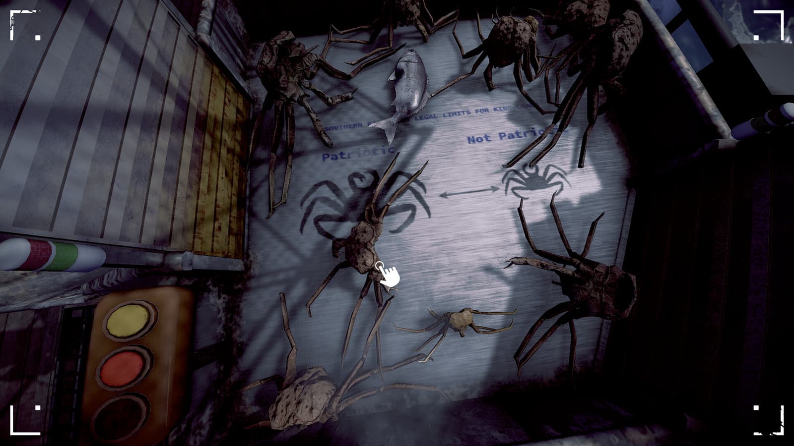 Screenshot from Crabmeat game showing a boat and crabs in a dark, snowy environment.