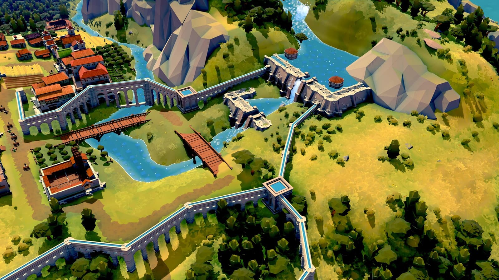Gameplay screenshot from Nova Roma, showing an ancient Roman-style settlement under construction.