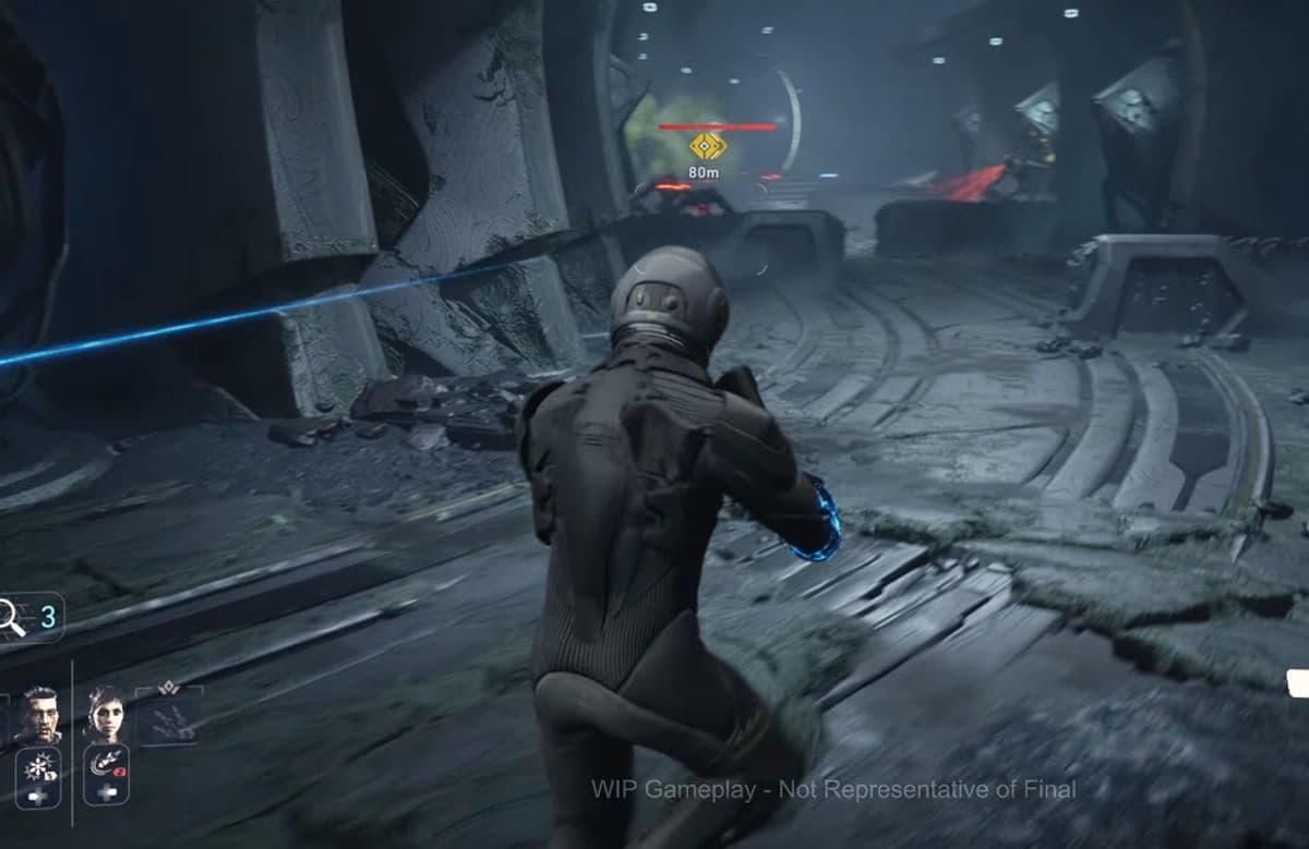 EXODUS gameplay screenshot showing a character in a futuristic setting engaging in combat.