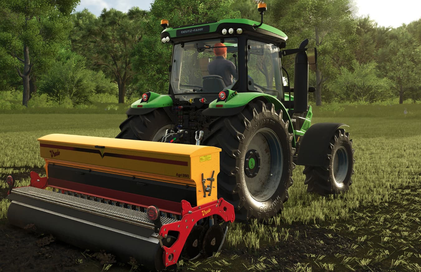 Screenshot from Farming Simulator 25 featuring new machinery and an in-game environment.