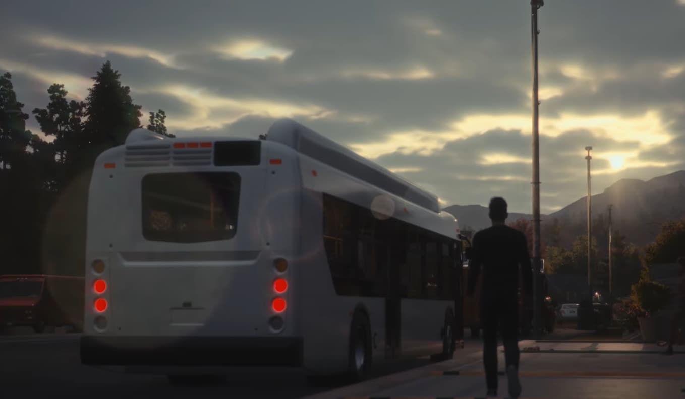 Screenshot from Bus Bound game showing a bus in a city setting.
