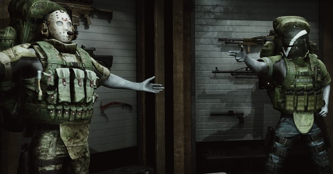 A player character in Escape from Tarkov, possibly showing off gear.