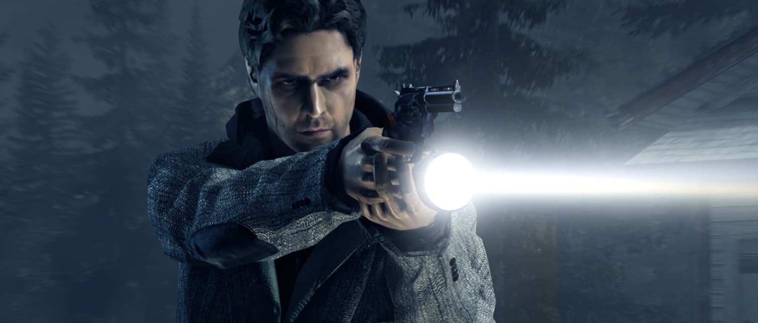 Alan Wake standing in a forest, holding a flashlight